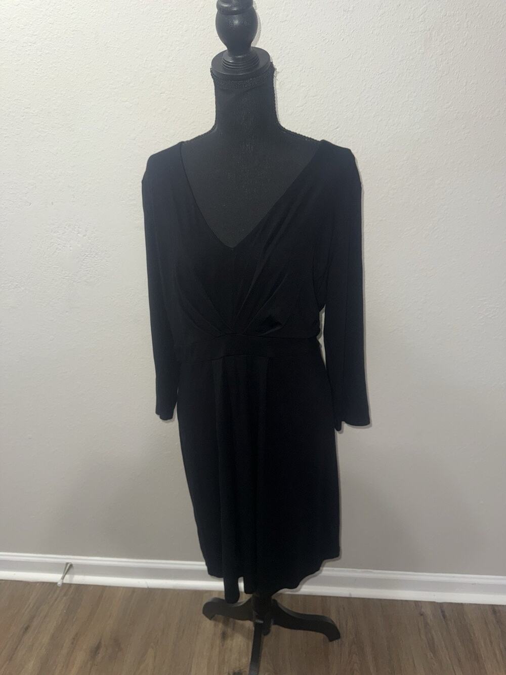 Boden Black V-Neck Dress US 14L Long Sleeve Pleated Bust Ruched Empire Mid